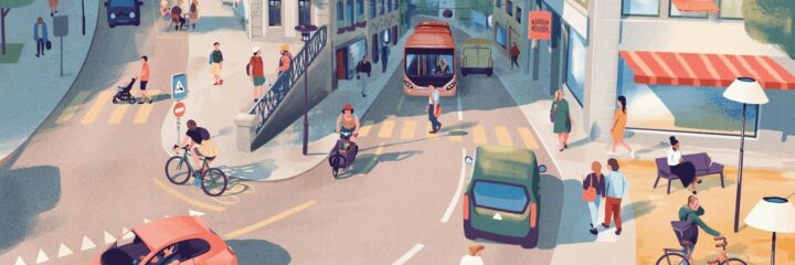 Ausschnitt aus Wimmelbild der Seite Schrittmacher.in Strasse in städtischem Kontext im Comicstil